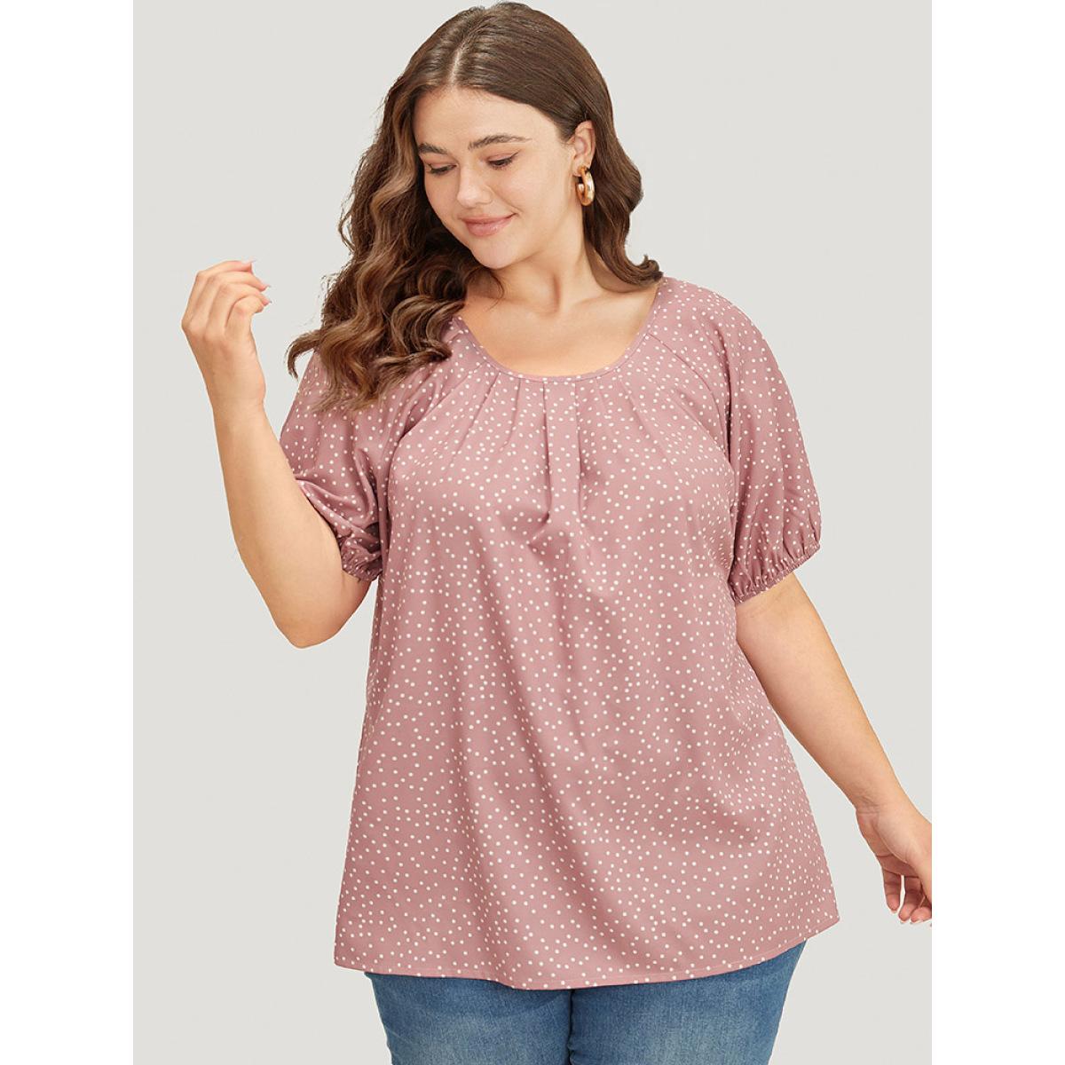 Plus Size DustyPink Polka Dot Pleated Round Neck Puff Sleeve Blouse Women Office Short sleeve Round Neck Work Blouses BloomChic 30/6X Product Image