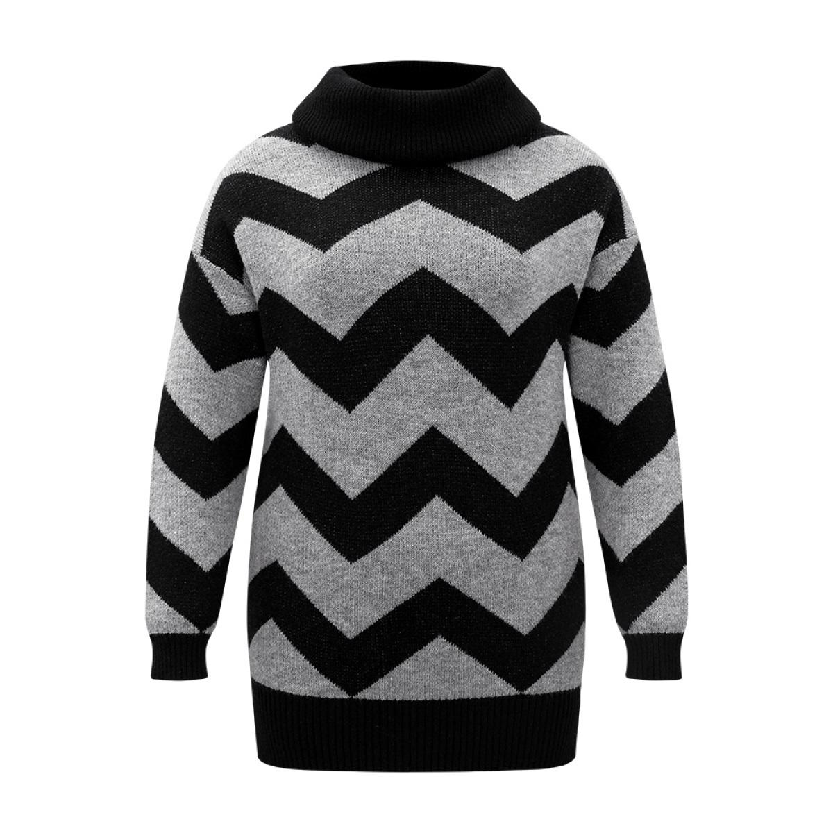 Plus Size Geo Striped Turtle Neck Drop Shoulder Pullover Black Women Casual Loose Long Sleeve Turtleneck Dailywear Pullovers BloomChic 18-20/2X Product Image