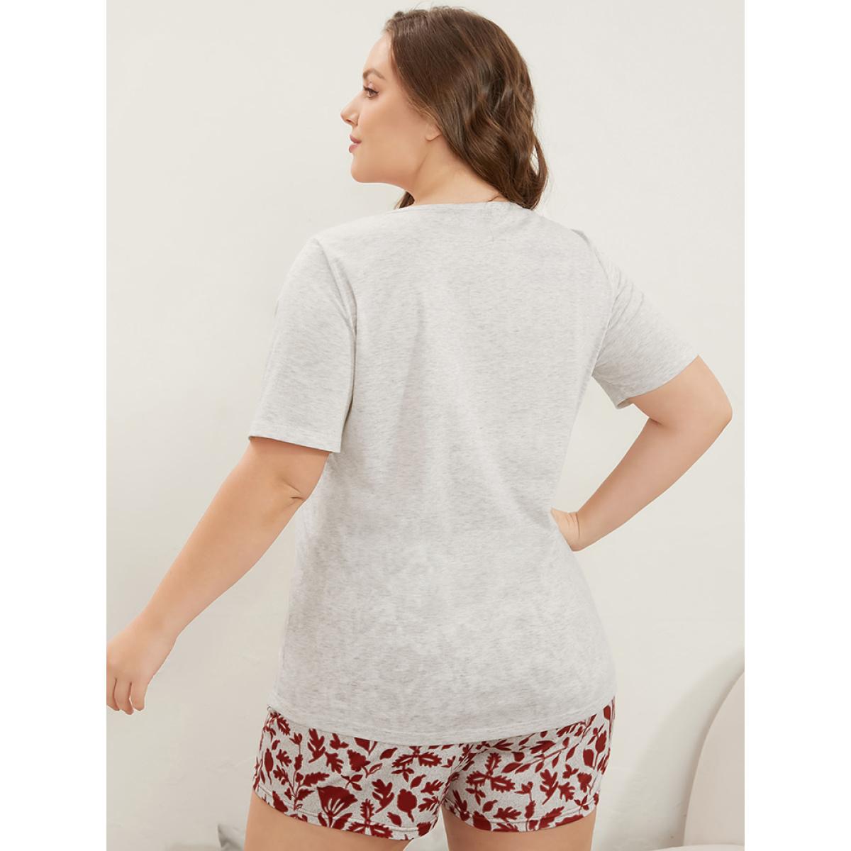 Plus Size Plant Print Button Up Pocket Round Neck Sleep Top Women WhiteSmoke Elegant Silhouette Floral Print Pocket Round Neck Pocket Loungewear BloomChic 14-16/1X Product Image