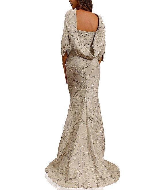 Terani Couture Cowl Back 3/4 Sleeves Jacquard Sheath Gown Product Image