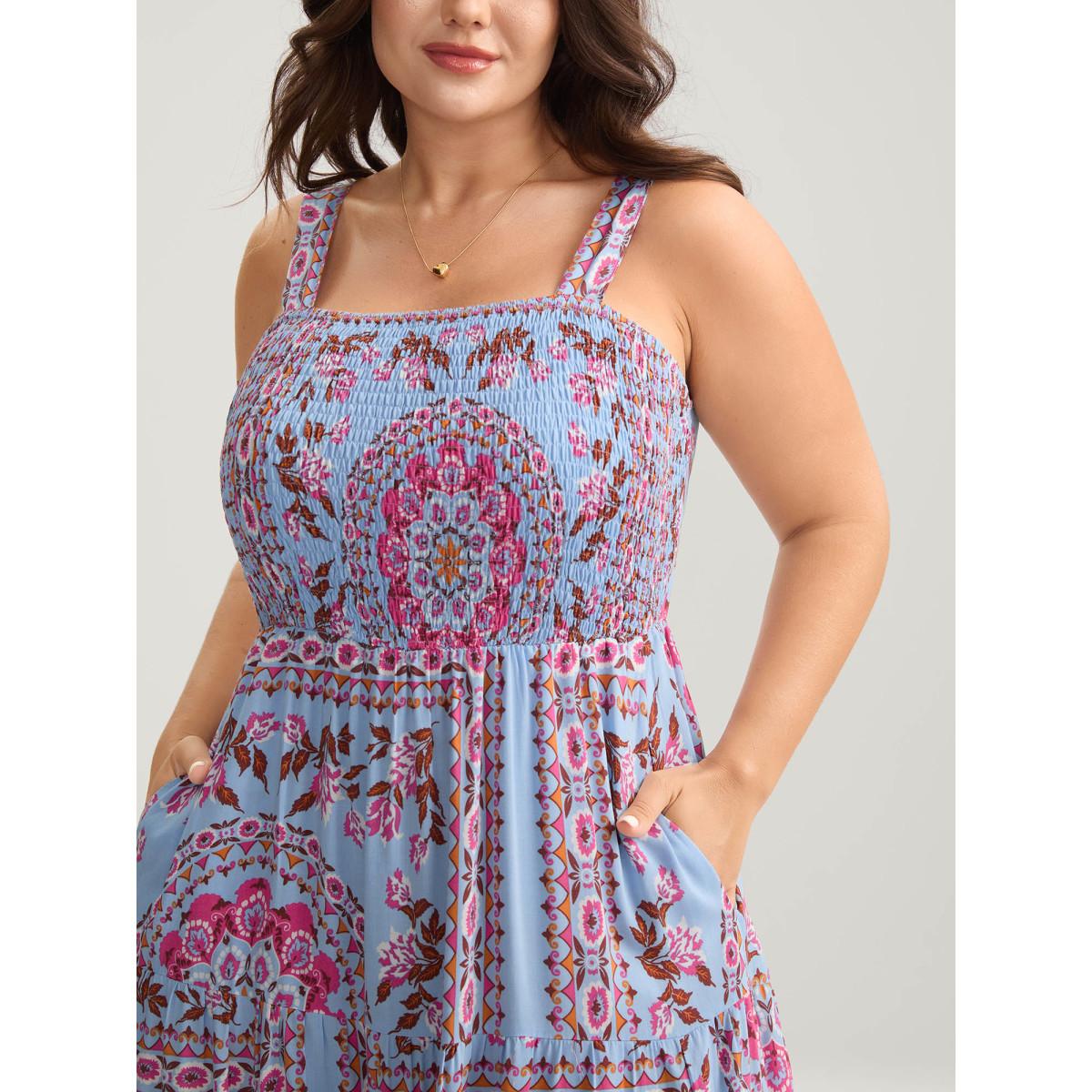 Plus Size Rayon Floral Print Shirred Pockets Midi Dress Stone Women Square Neck Sleeveless Curvy BloomChic 30/6X Product Image