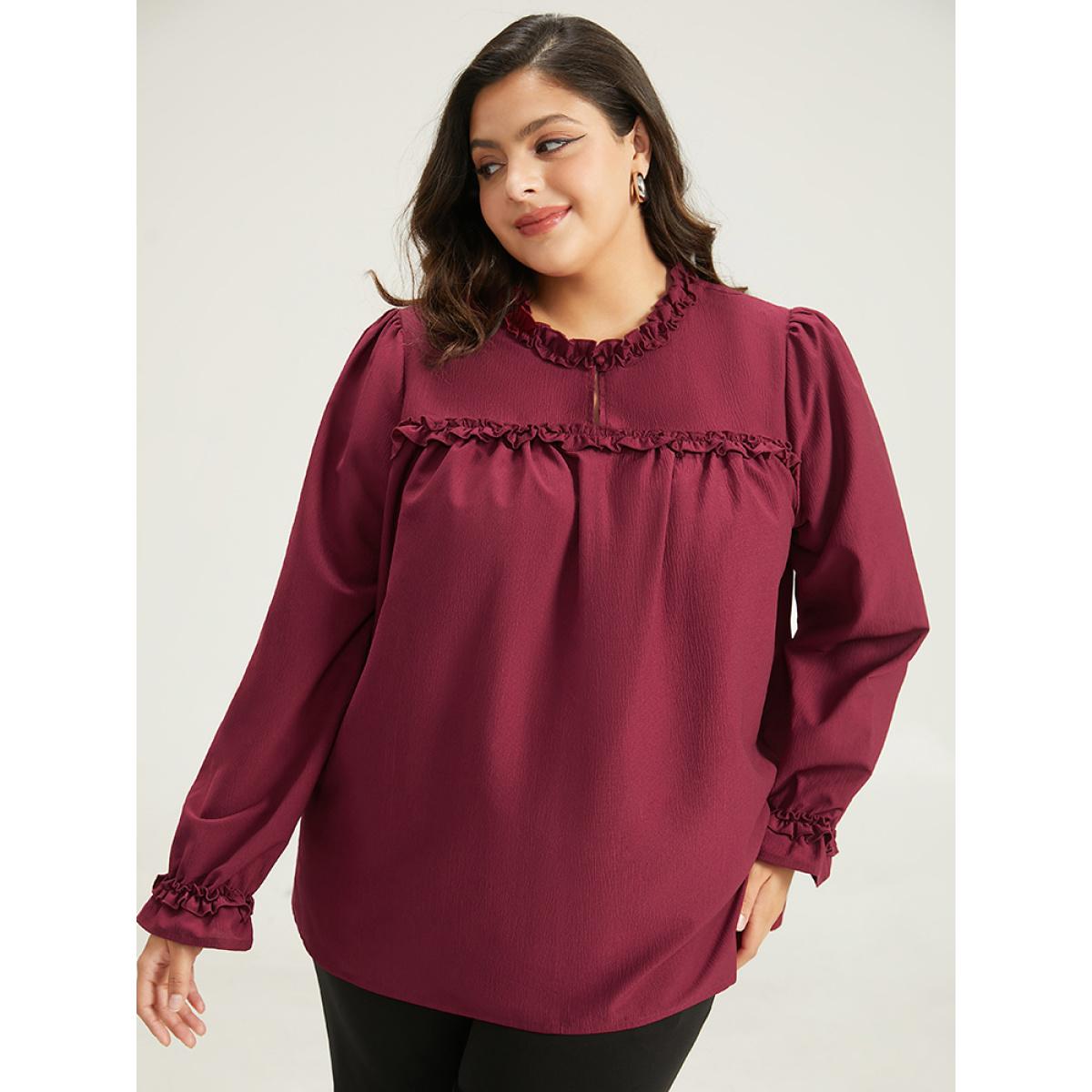 Plus Size Maroon Solid Frill Trim Puff Sleeve Blouse Women Office Long Sleeve Round Neck Office Blouses BloomChic 10/M Product Image