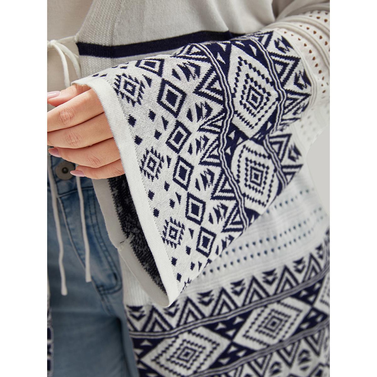 Plus Size Bandana Print Geo Eyelet Ties Front Cardigan WhiteSmoke Women Casual Loose Long Sleeve Everyday Cardigans BloomChic 18-20/2X Product Image