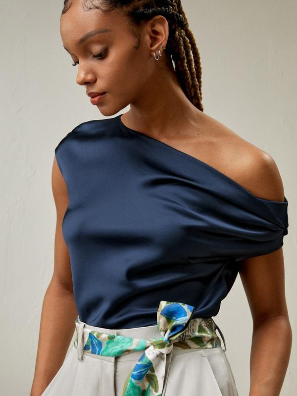 LILYSILK Female One Shoulder Silk Top - Silvergray Premium Silk - Perfect Wardrobe Staples Cowl Neck Silk Top 10 Product Image