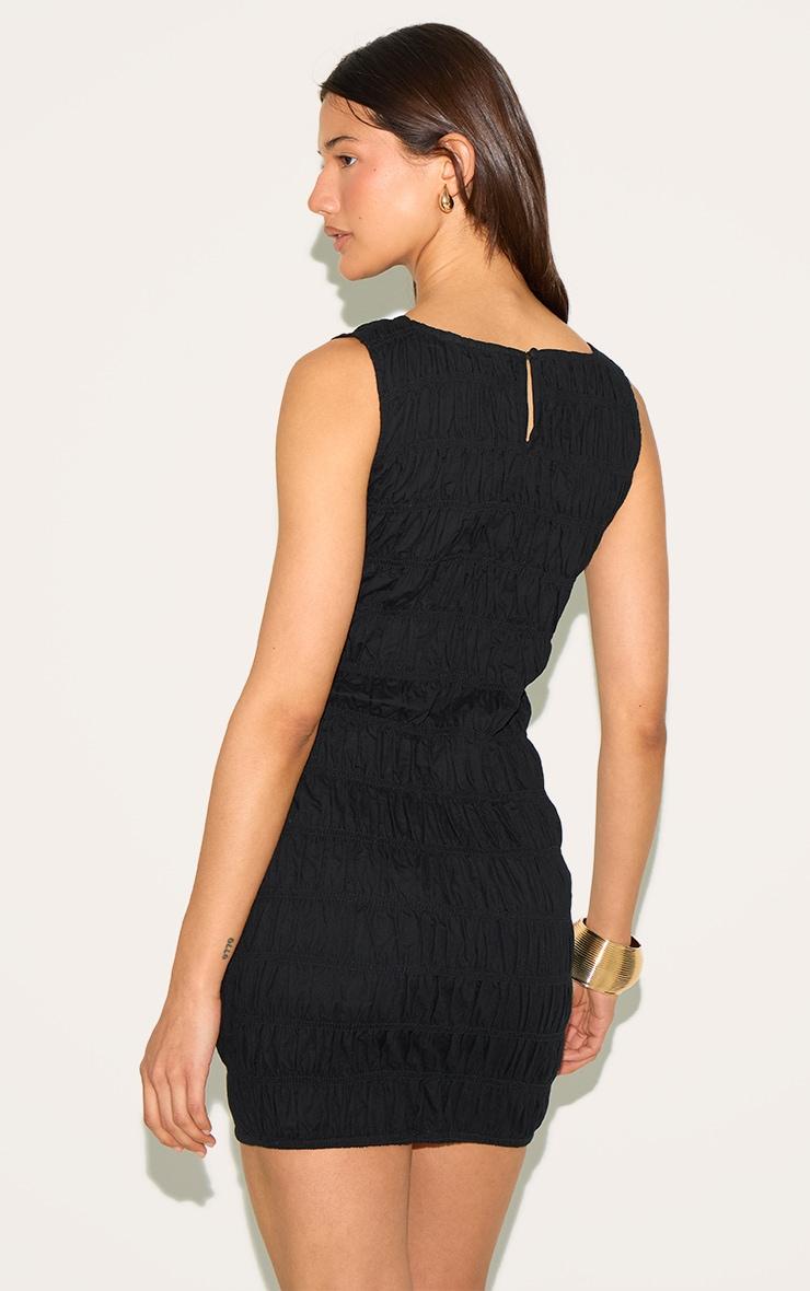 Black Boat Neck Shirred Bodycon Dress Product Image