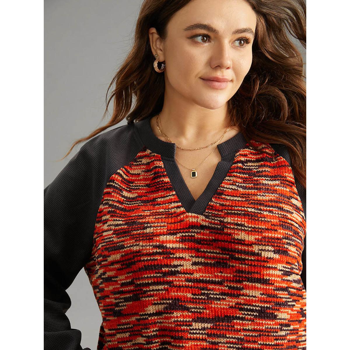 Plus Size Contrast Heather Waffle Knit Raglan Sleeve Sweatshirt Women DimGray Elegant Waffle Knit Notched collar Dailywear Sweatshirts BloomChic 14-16/1X Product Image