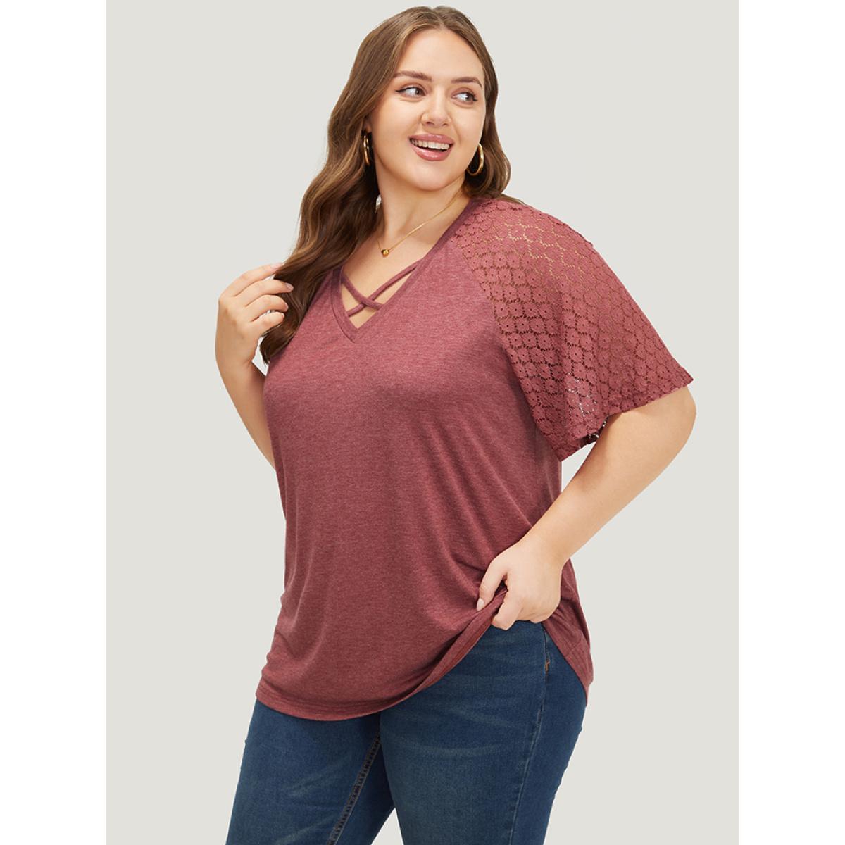 Plus Size Plain Lace Raglan Sleeve Heather Crisscross Neck T-shirt Russet Women Elegant Patchwork Plain V-neck Dailywear T-shirts BloomChic 12/L Product Image