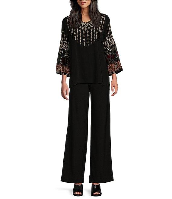 John Mark Geometric Floral Embroidered V-Neck 3/4 Sleeve Velvet Burnout Top Product Image