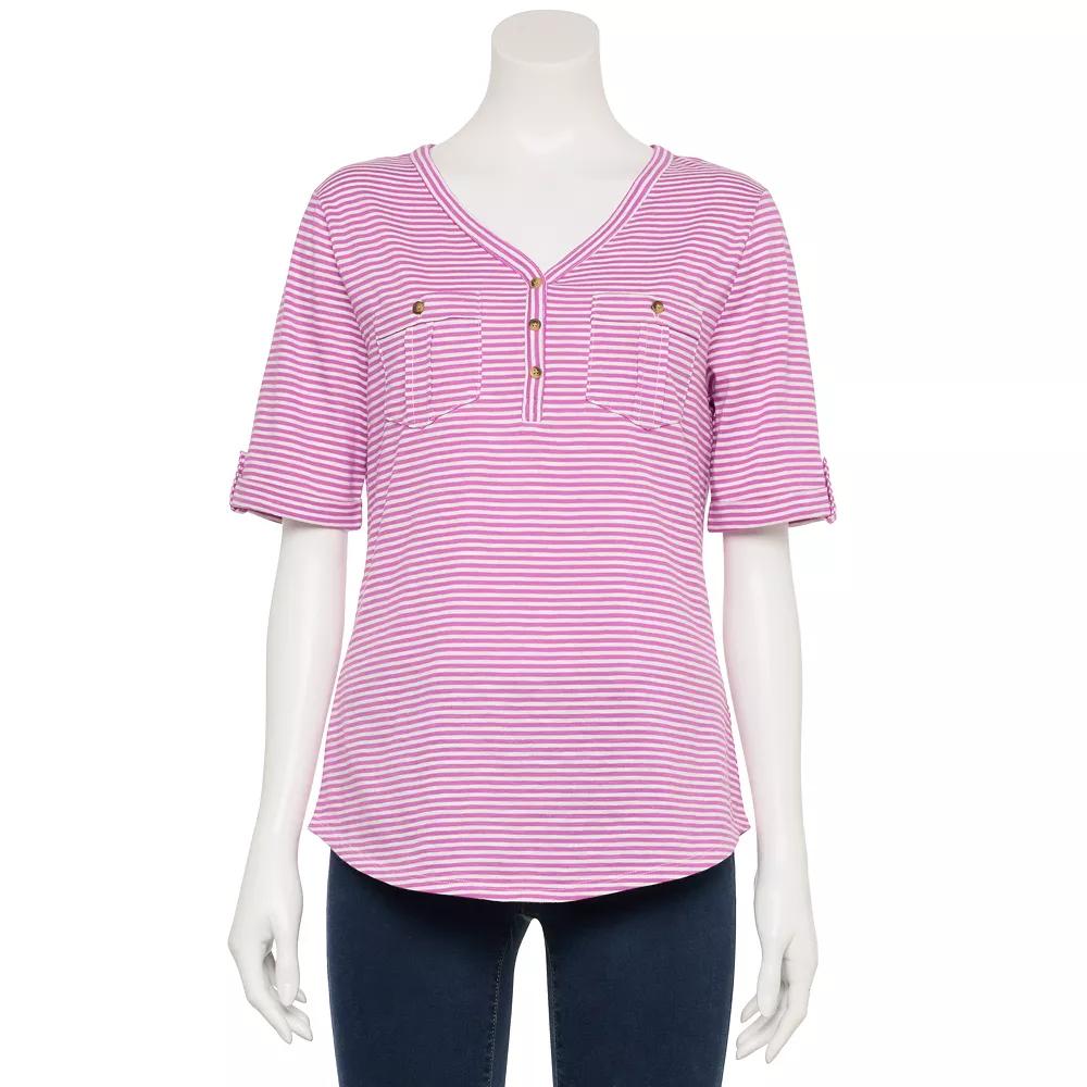 Women's Croft & Barrow® Elbow Sleeve Utility Henley Top, Size: Small, Pink Stripe Product Image