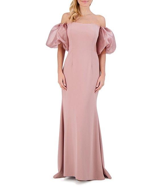 Eliza J Scuba Crepe Off-The-Shoulder Neck Organza Short Puff Sleeve Gown Product Image