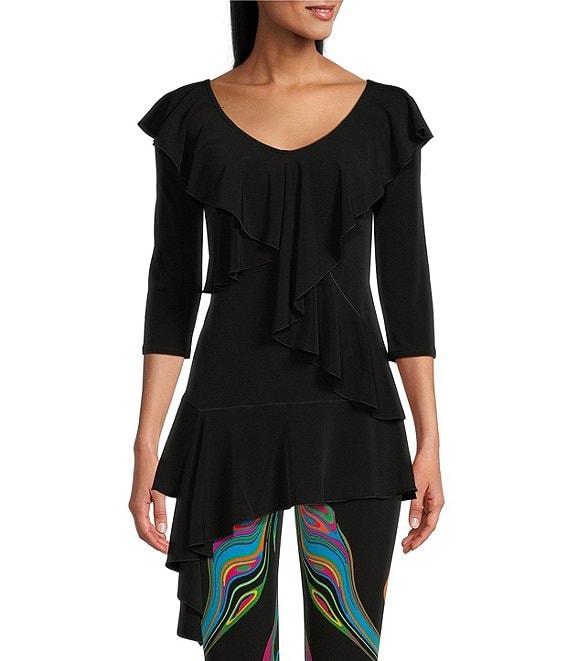 Eva Varro Knit Jersey V-Neck 3/4 Sleeve Asymmetric Ruffled Tunic Product Image
