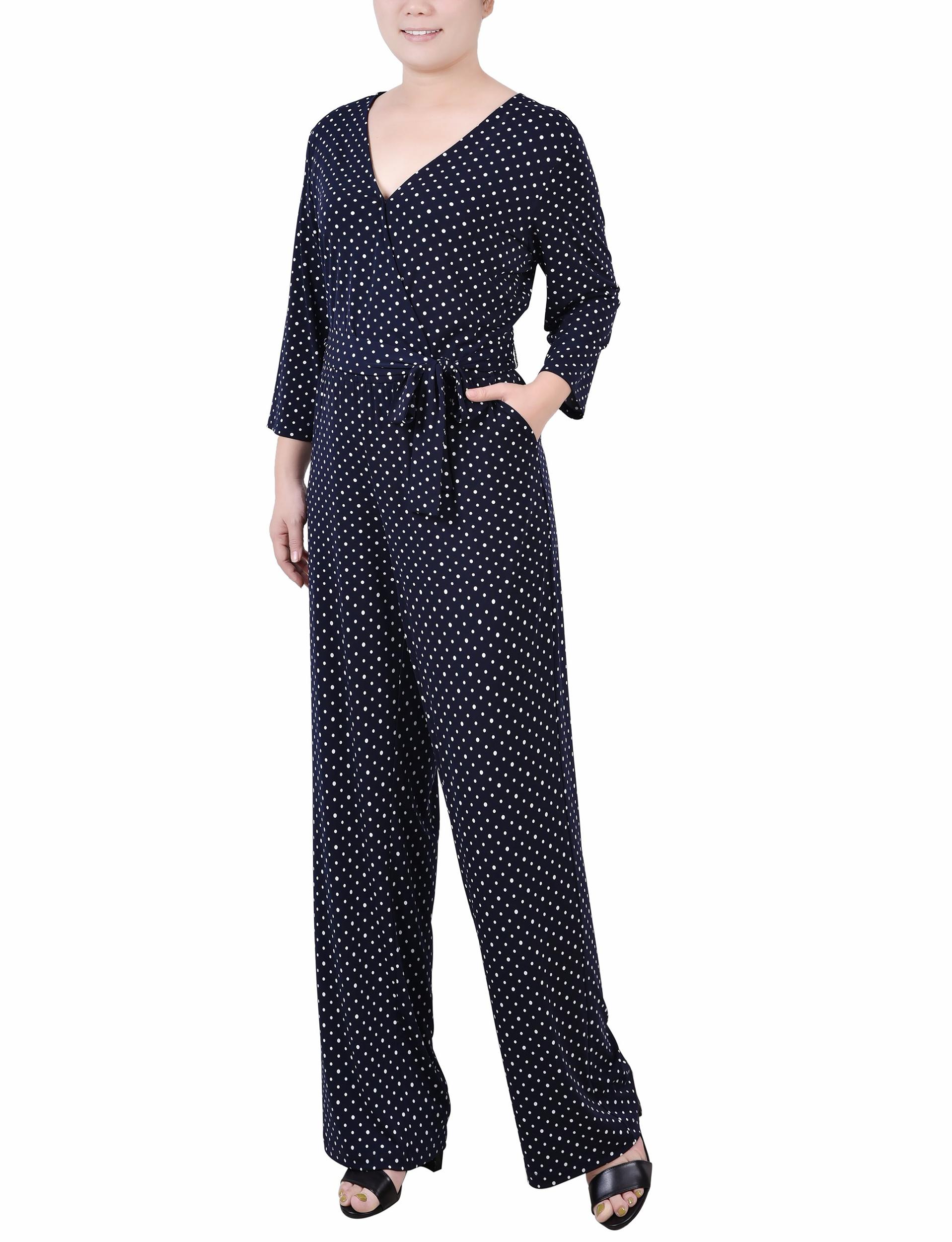 Navy Polka Dot 3/4 Sleeve Belted Jumpsuit - Petite Product Image