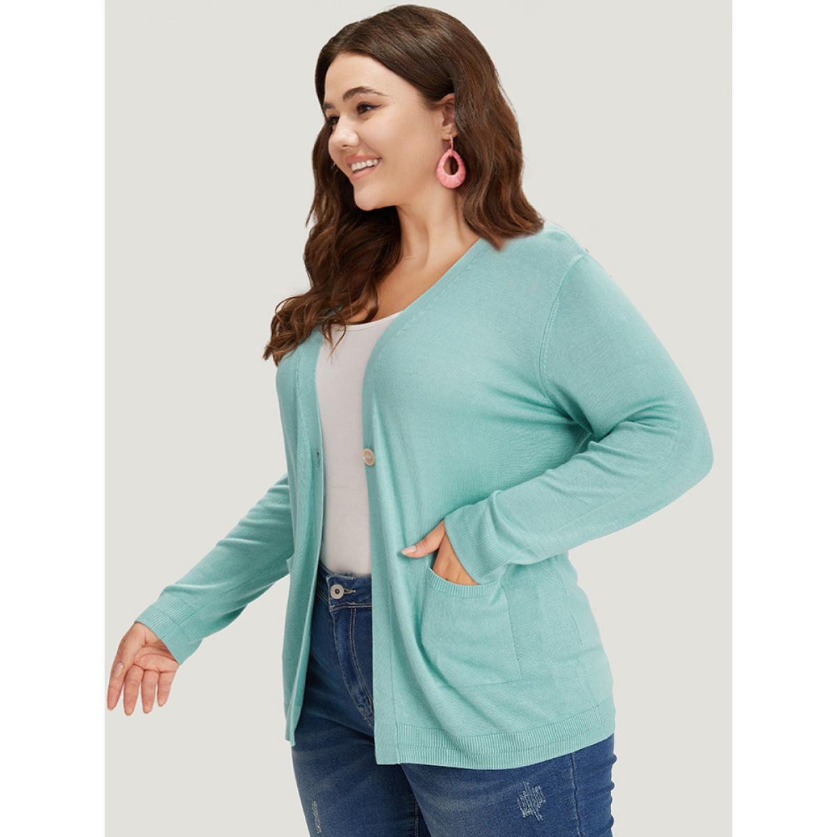 Plus Size Supersoft Essentials Solid Button Up Pocket Drop Shoulder Cardigan Mint Women Casual Loose Long Sleeve Everyday Cardigans BloomChic 10/M Product Image
