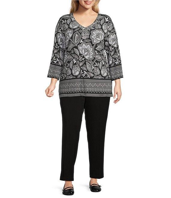 Allison Daley Plus Floral Beading 3/4 Sleeve V-Neck Knit Top Product Image