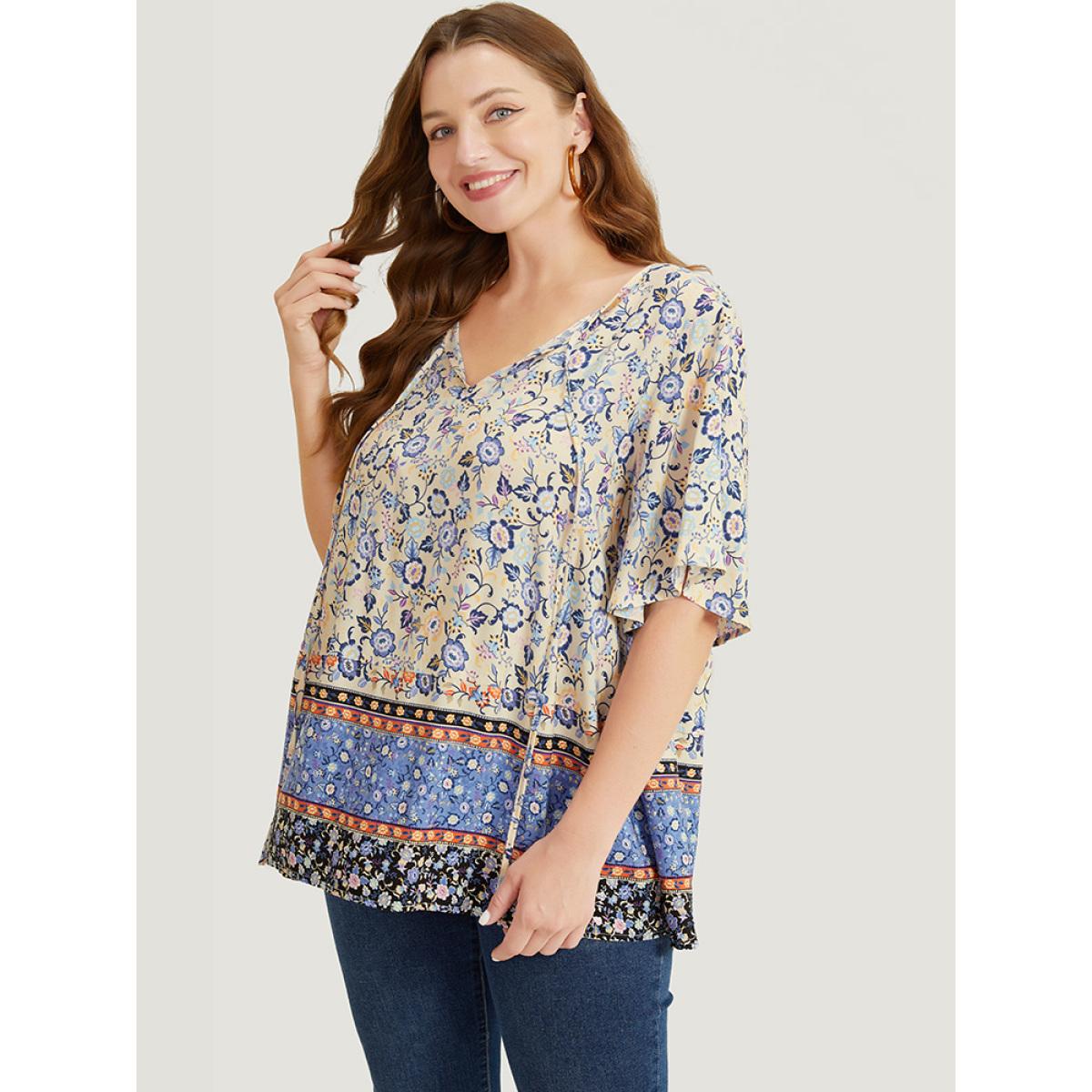 Plus Size Multicolor Bandana Printed Ties Front Ruffle Sleeve Blouse Women Vacation Short sleeve Tie Neck Dailywear Blouses BloomChic 10/M Product Image