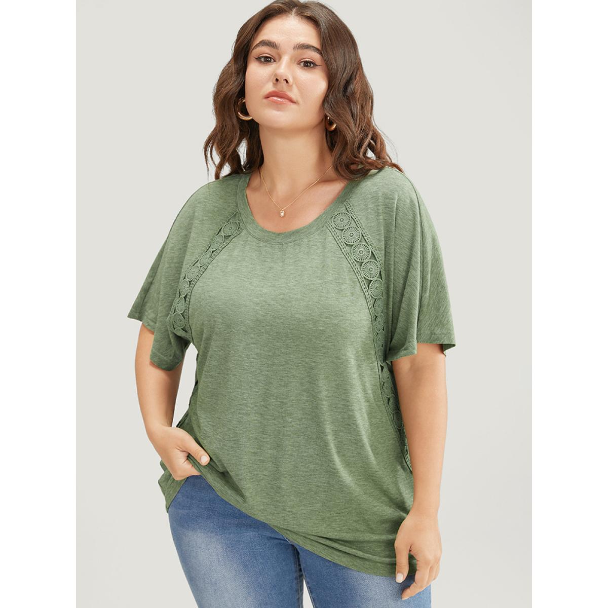 Plus Size Solid Contrast Lace Ruffle Sleeve T-shirt Sage Women Elegant Lace Plain Round Neck Everyday T-shirts BloomChic 18-20/2X Product Image