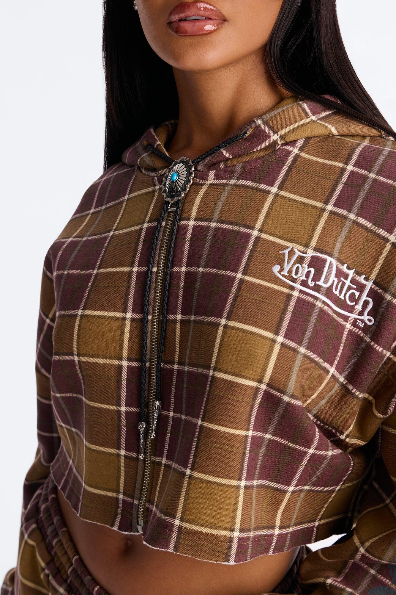 Von Dutch Plaid Western Spirit Zip Up Sweatshirt - Brown Combo Female Product Image