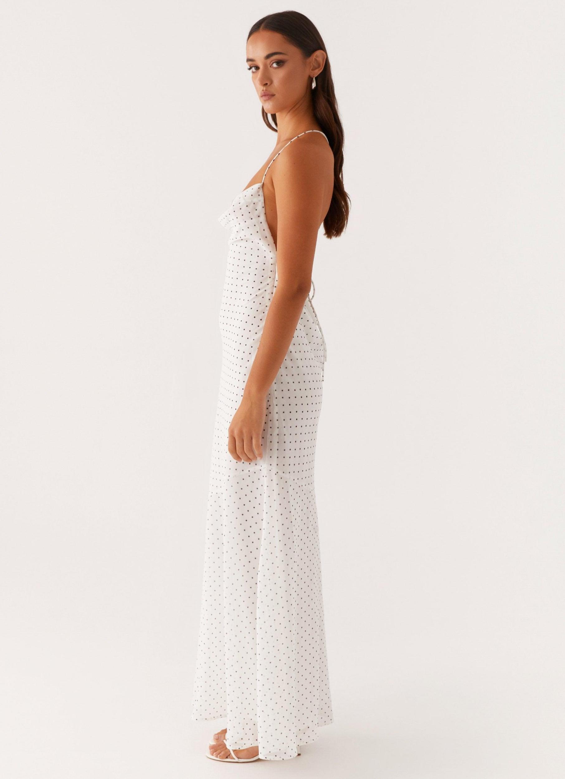 Alianna Cowl Neck Mesh Maxi Dress - White Polka Dot Product Image