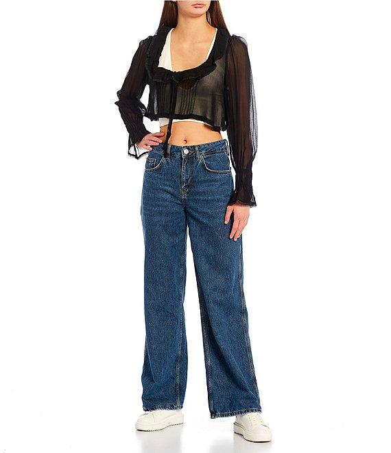 BDG Urban Outfitters Ophelia Long Sleeve Woven Tie Front Cropped Fly Away Top Product Image