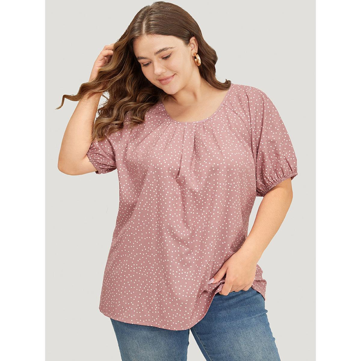 Plus Size DustyPink Polka Dot Pleated Round Neck Puff Sleeve Blouse Women Office Short sleeve Round Neck Work Blouses BloomChic 30/6X Product Image