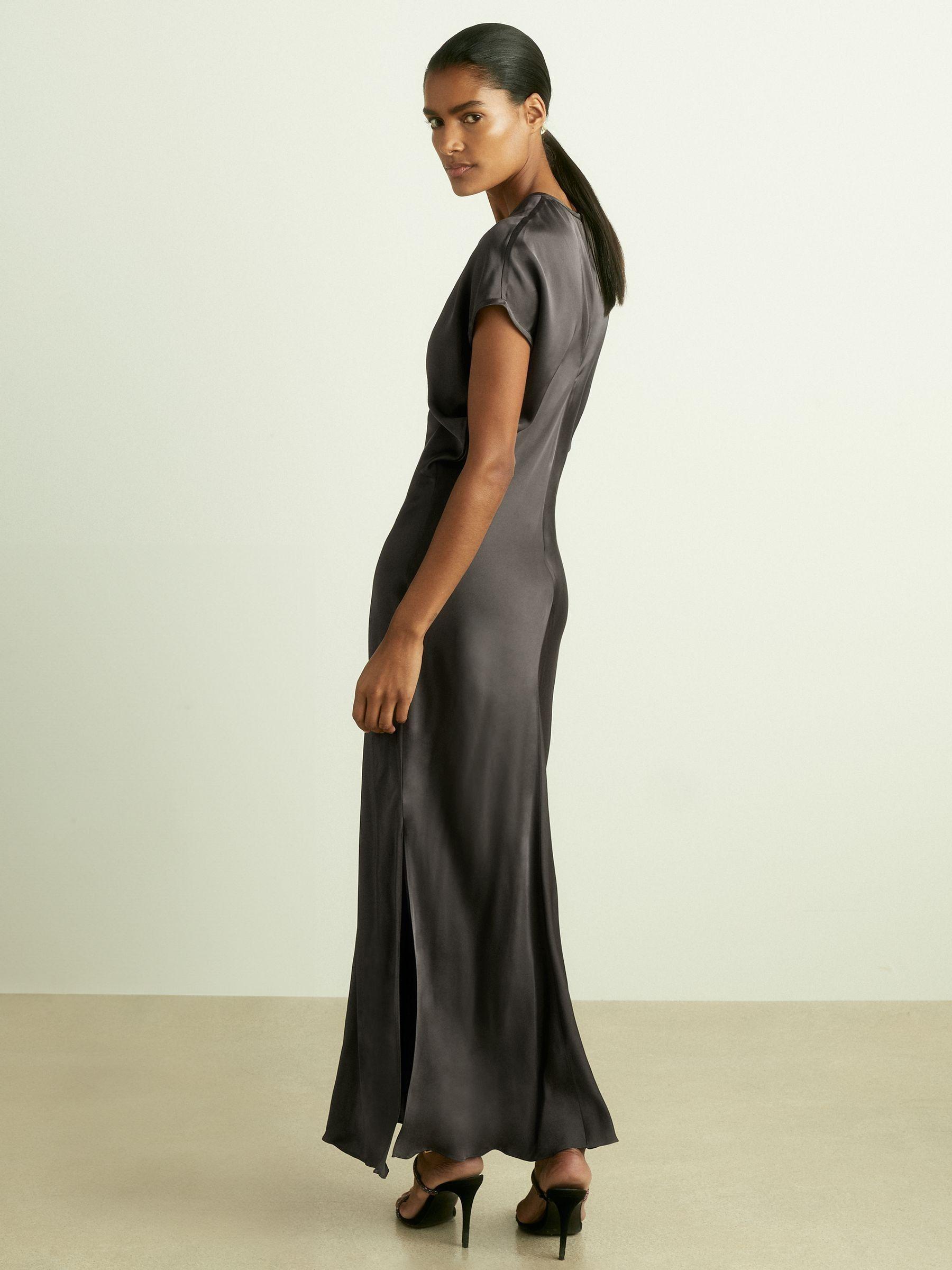 Satin Short-Sleeve Midi Dress in Charcoal Product Image