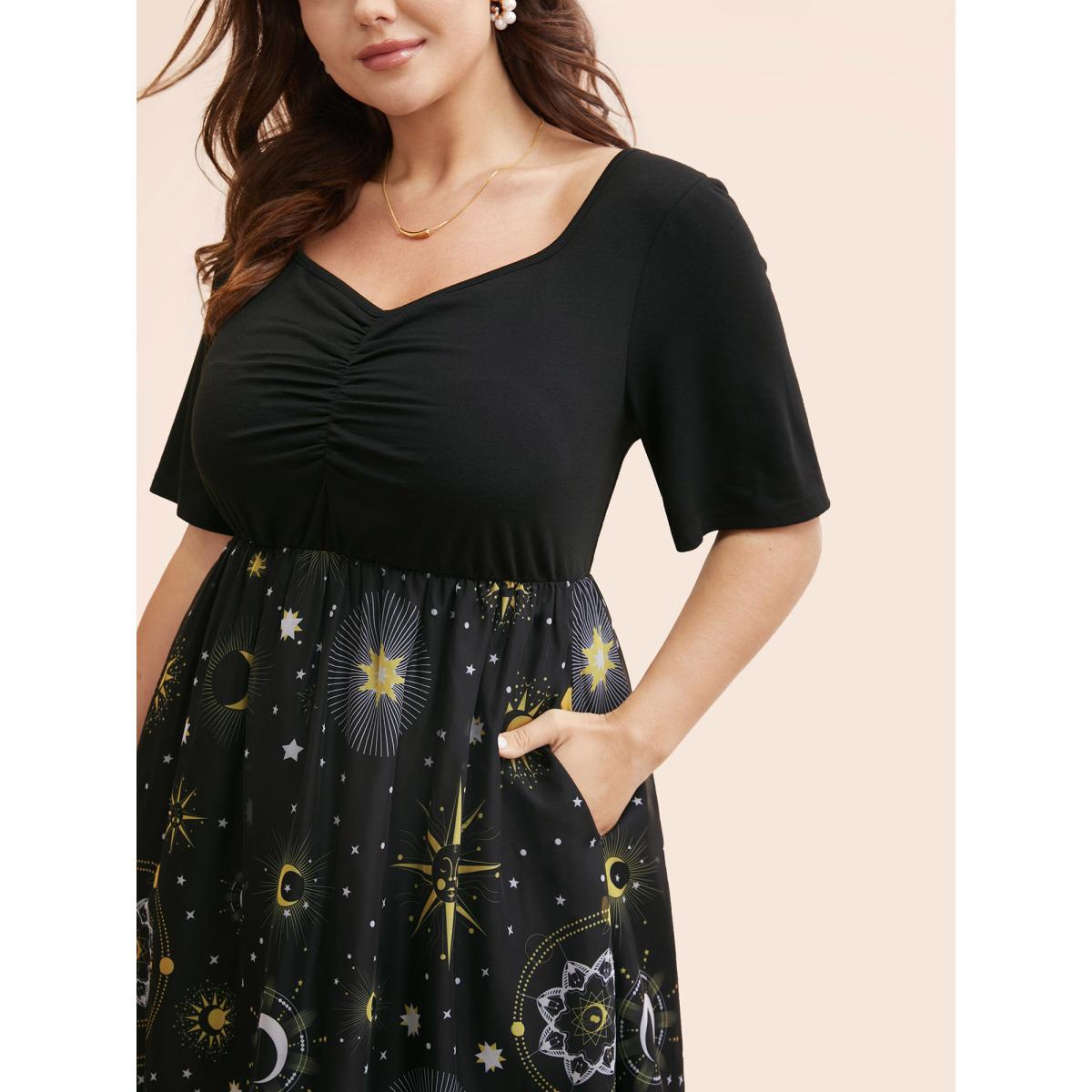 Plus Size Halloween Moon & Star Print Ruched Patchwork Dress Black Women Elegant Gathered Square Neck Short sleeve Curvy Midi Dress BloomChic 30/6X Product Image