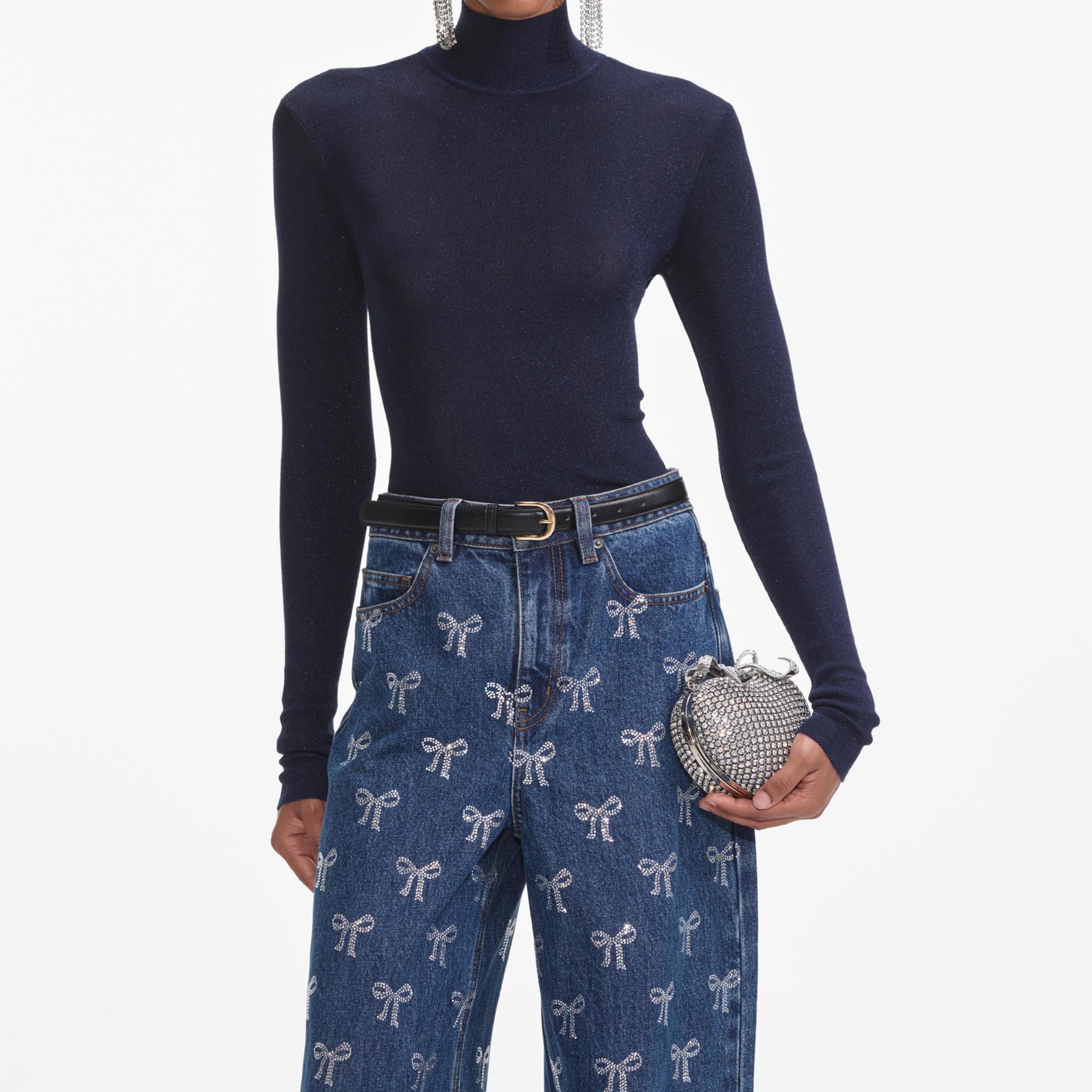 Rhinestone Bow Denim Jeans Product Image