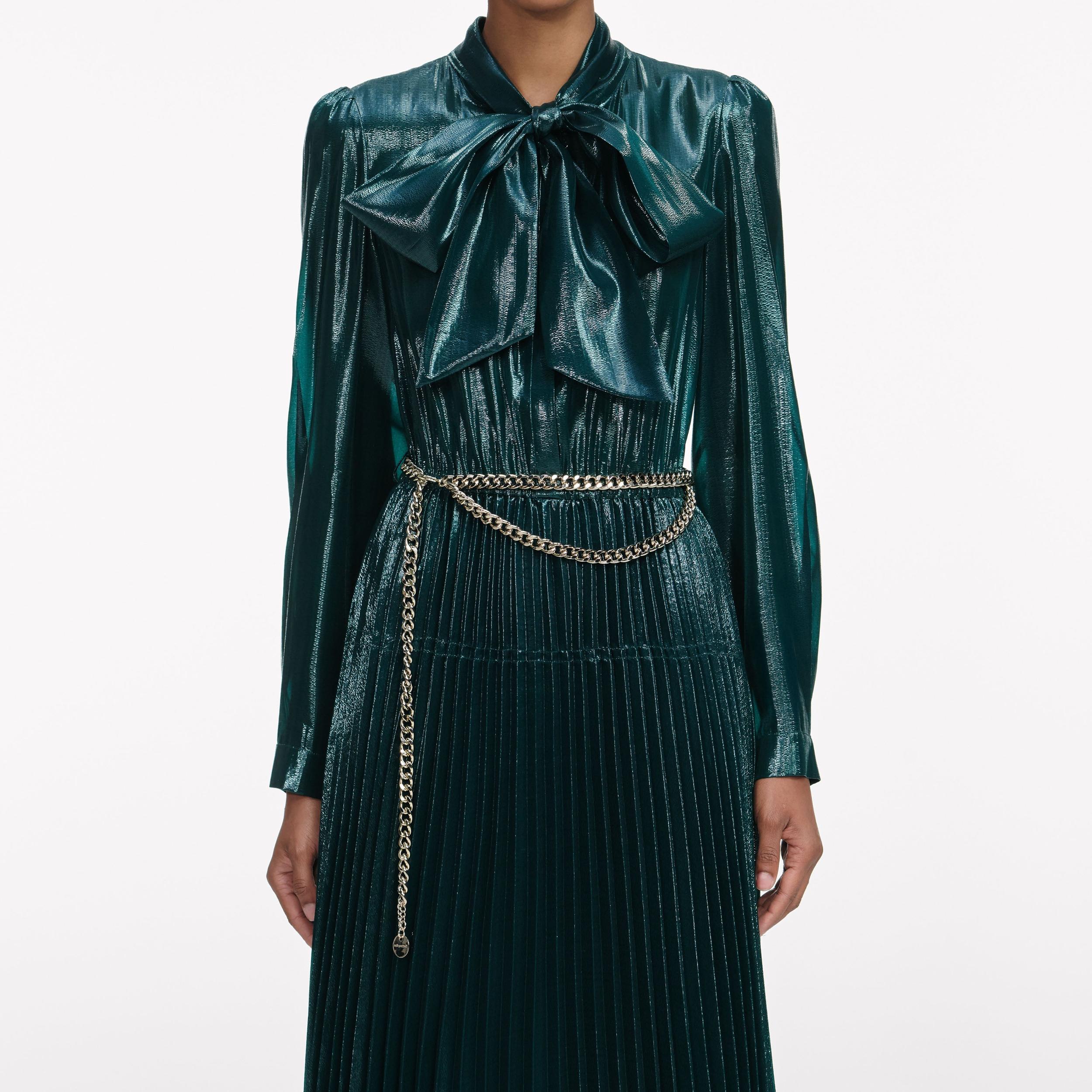 Green Metallic Pussy Bow Maxi Dress Product Image