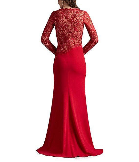 Tadashi Shoji Long Sleeve Asymmetrical Lace Crepe Gown Product Image