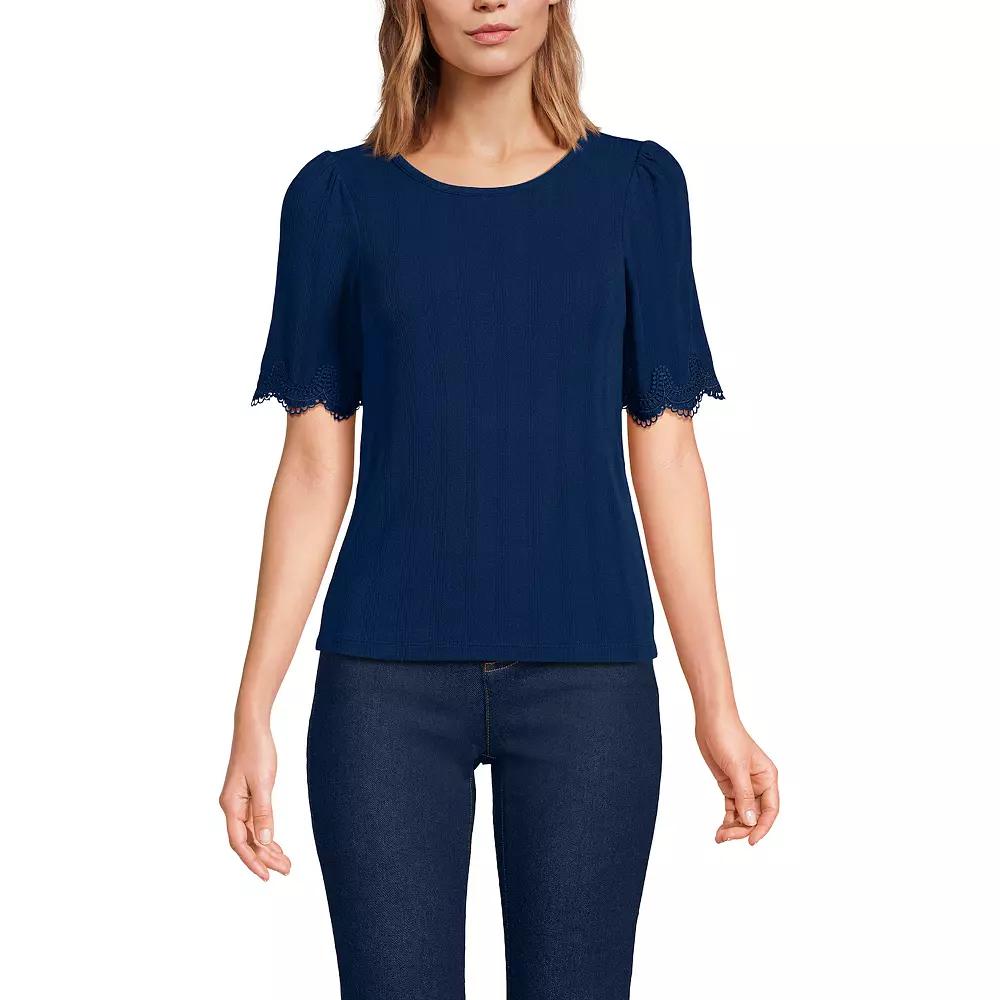Women's Lands' End Elbow Sleeve Pointelle Lace Shirt, Size: Small, Deep  Blue Product Image