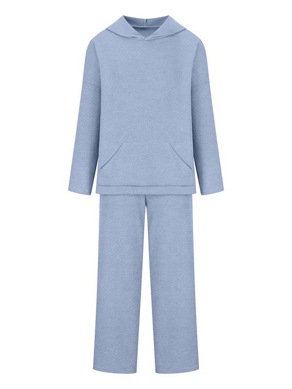 Loose Solid Color Round-Neck Hooded Long Sleeves Sweater Top + Drawstring Pants Bottom Two Pieces Set Product Image