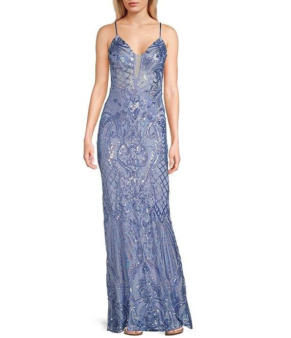 Next Up Sequin Low V-Neck Mesh Inset Sleeveless Dress Product Image