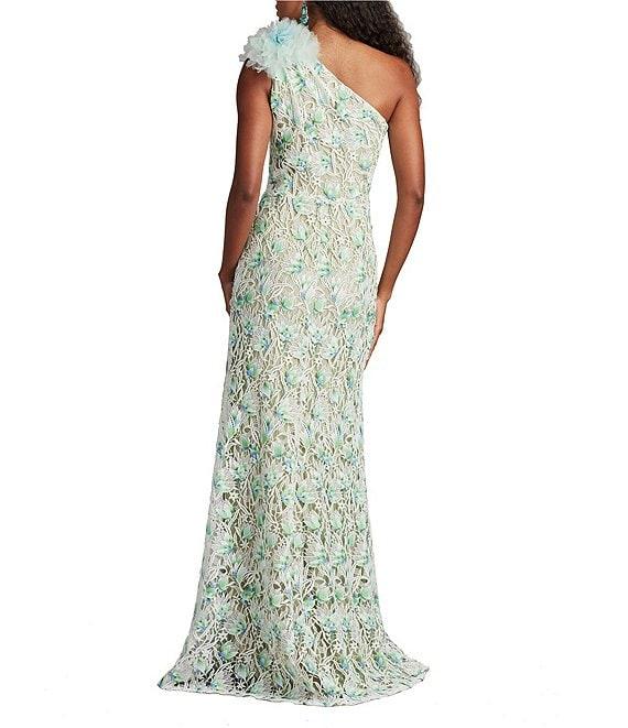 Tadashi Shoji Floral Embroidered Lace Asymmetrical Neck Pom-Pom Shoulder Sheath Gown Product Image