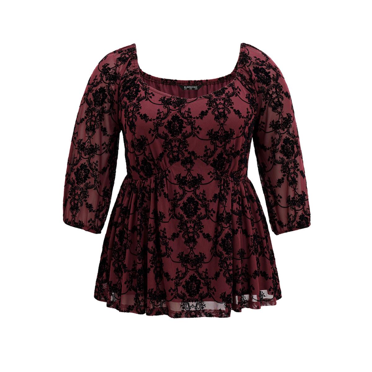 Plus Size Scarlet Silhouette Floral Print Contrast Flocking Square Neck Blouse Women Elegant Elbow-length sleeve Square Neck Everyday Blouses BloomChic 26/4X Product Image