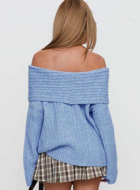 Snowie Off Shoulder Knit Sweater Blue Product Image