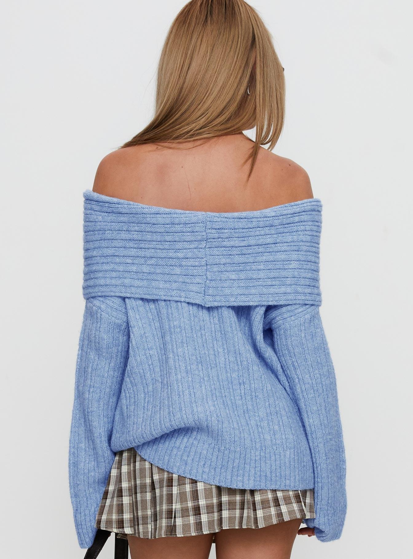 Snowie Off Shoulder Knit Sweater Blue Product Image