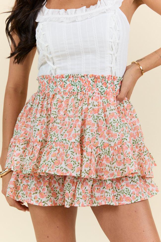 Pretty Moment Orange Multi Floral Print Tiered Mini Skort DOORBUSTER Product Image