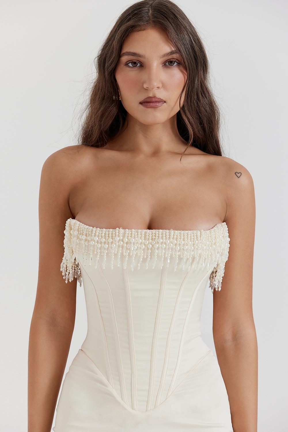 Nalita  vintage cream embellished strapless dress Product Image
