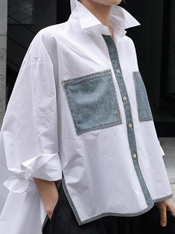 A-Line High-Low Buttoned Contrast Color Pockets Split-Side Stand Collar Blouses&Shirts Tops Product Image