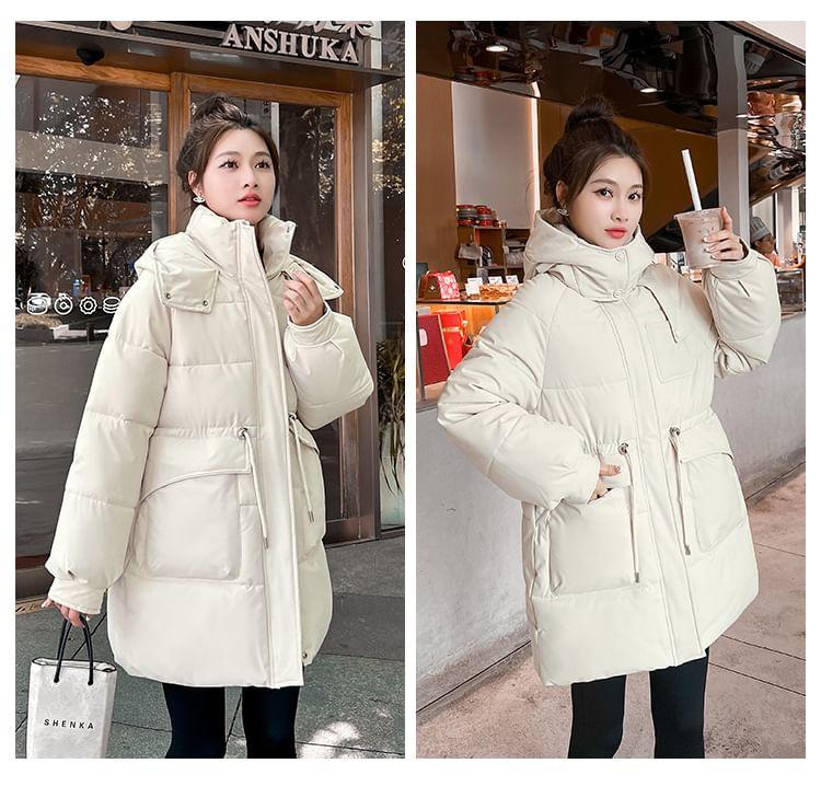 Stand Collar Plain Hood Zip Puffer Jacket Product Image