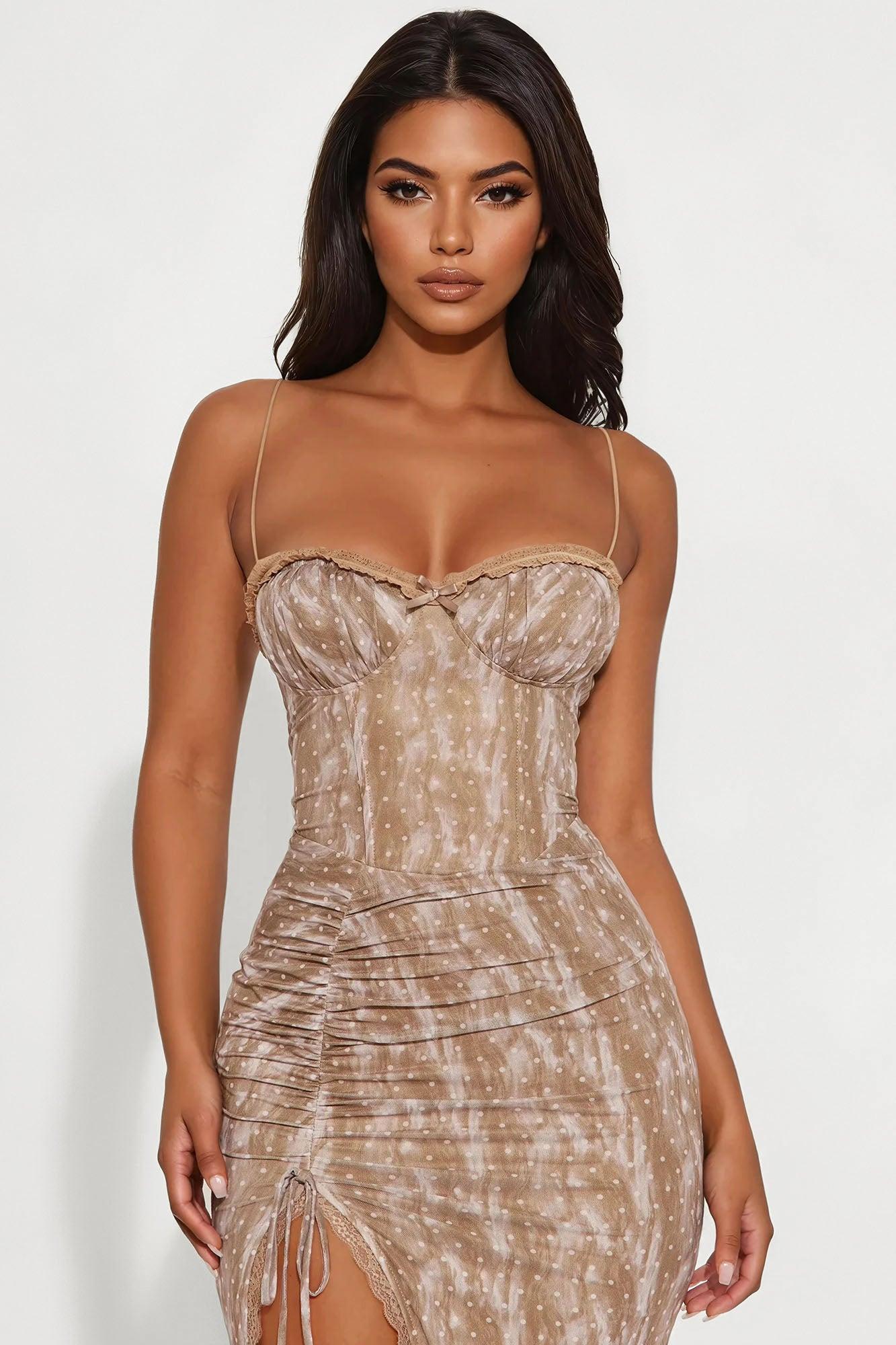 Sweet Sensation Polka Dot Mesh Midi Dress - Taupe Product Image