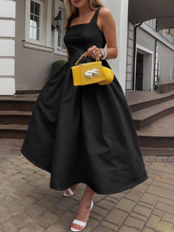 A-Line High Waisted Pleated Pockets Solid Color Spaghetti-Neck Midi Dresses Product Image