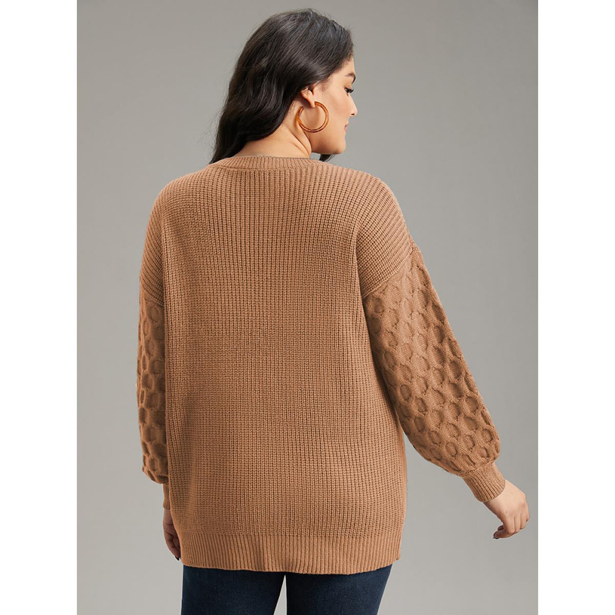 Plus Size Solid Cable Knit V Neck Drop Shoulder Pullover Chocolate Women Casual Long Sleeve V-neck Everyday Pullovers BloomChic 28/5X Product Image