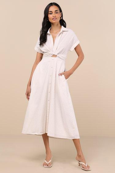 Adorable Impression Beige and White Midi Dress With Pockets Product Image