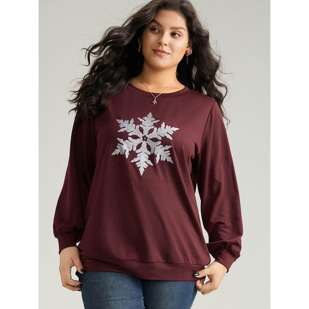 Plus Size Glitter Snowflake Round Neck Sweatshirt Women Scarlet Casual Elastic cuffs Festival-Halloween Sweatshirts BloomChic 18-20/2X Product Image