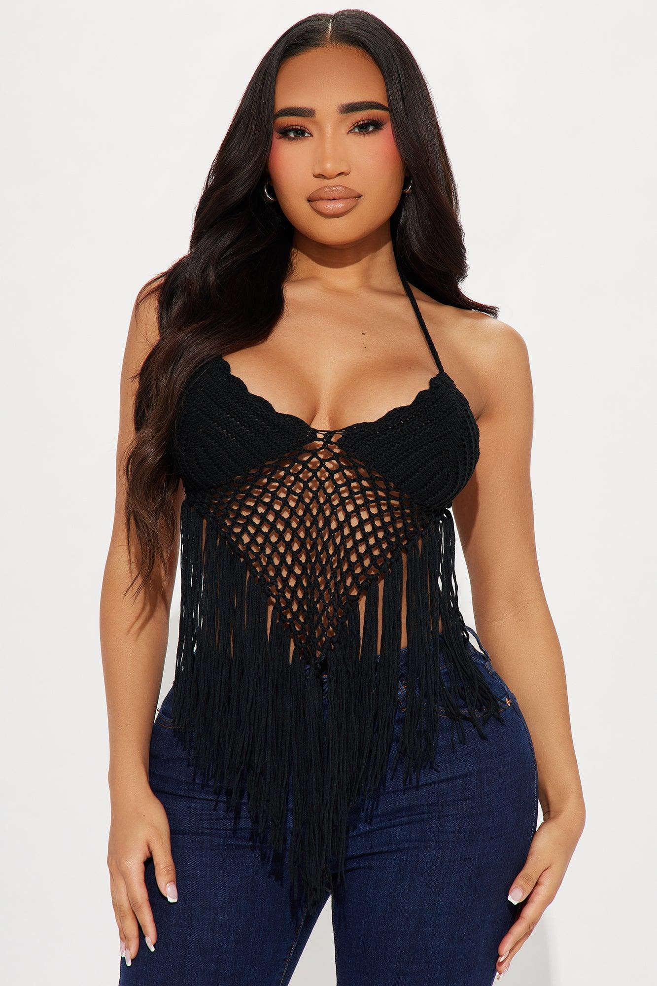 Feelin' The Heat Crochet Halter Top - Black Product Image