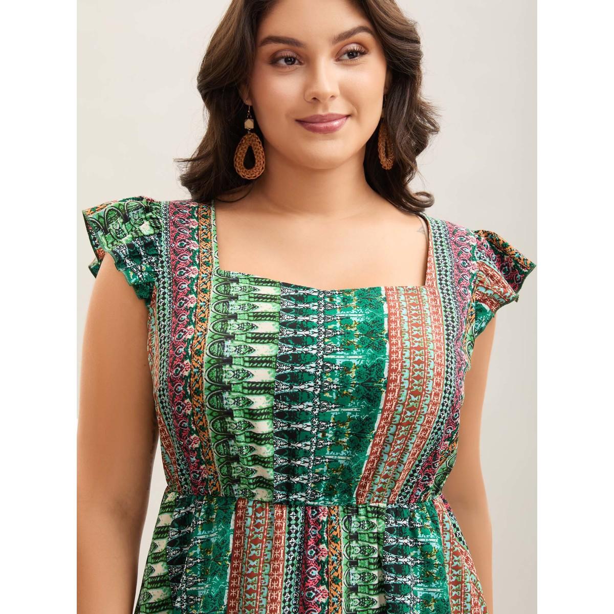 Plus Size Boho Stripes Pockets Flutter Midi Dress Emerald Women Heart neckline Cap Sleeve Curvy BloomChic 30/6X Product Image