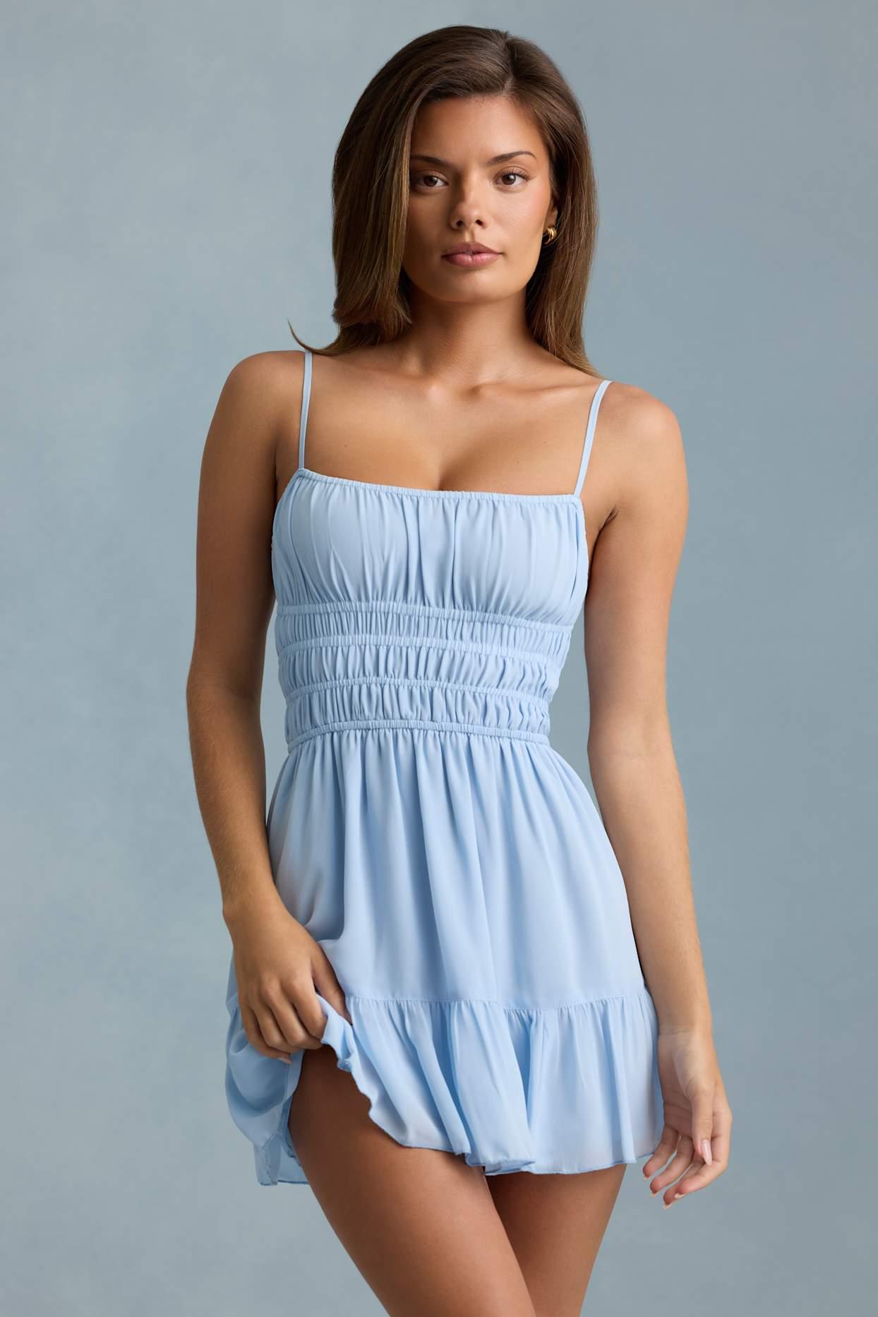 Shirred Camisole Mini Dress in Sky Blue Product Image