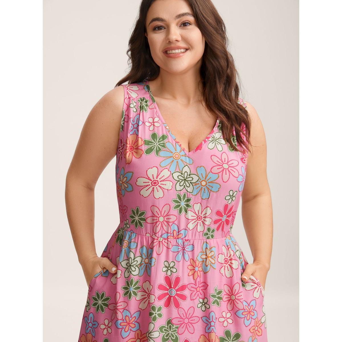 Plus Size Rayon Floral Print Stretchy Waist Midi Dress Multicolor Women V-neck Sleeveless Curvy BloomChic 28/5X Product Image