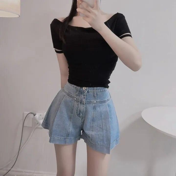 High Waist Washed Denim Shorts Product Image